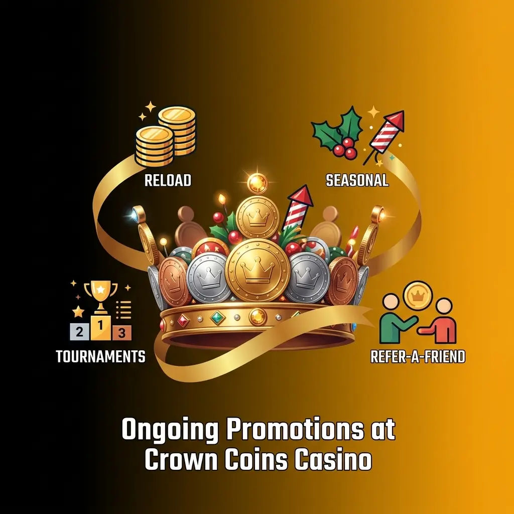Crown Coins Casino ongoing promotions including reload bonuses, slot tournaments, seasonal offers, and refer-a-friend rewards
