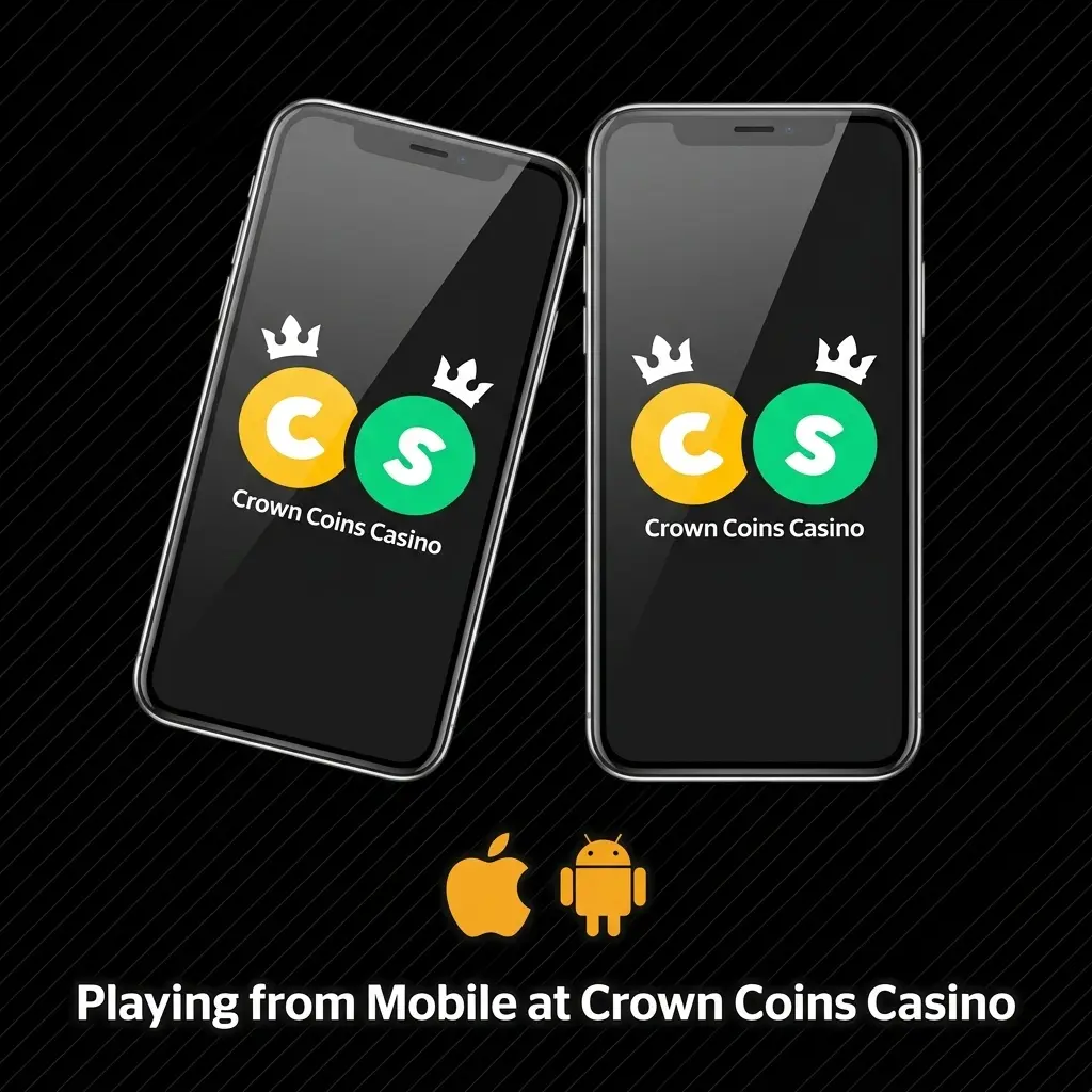 Crown Coins Casino mobile browser gameplay on iPhone and Android with full game library access and no app download required