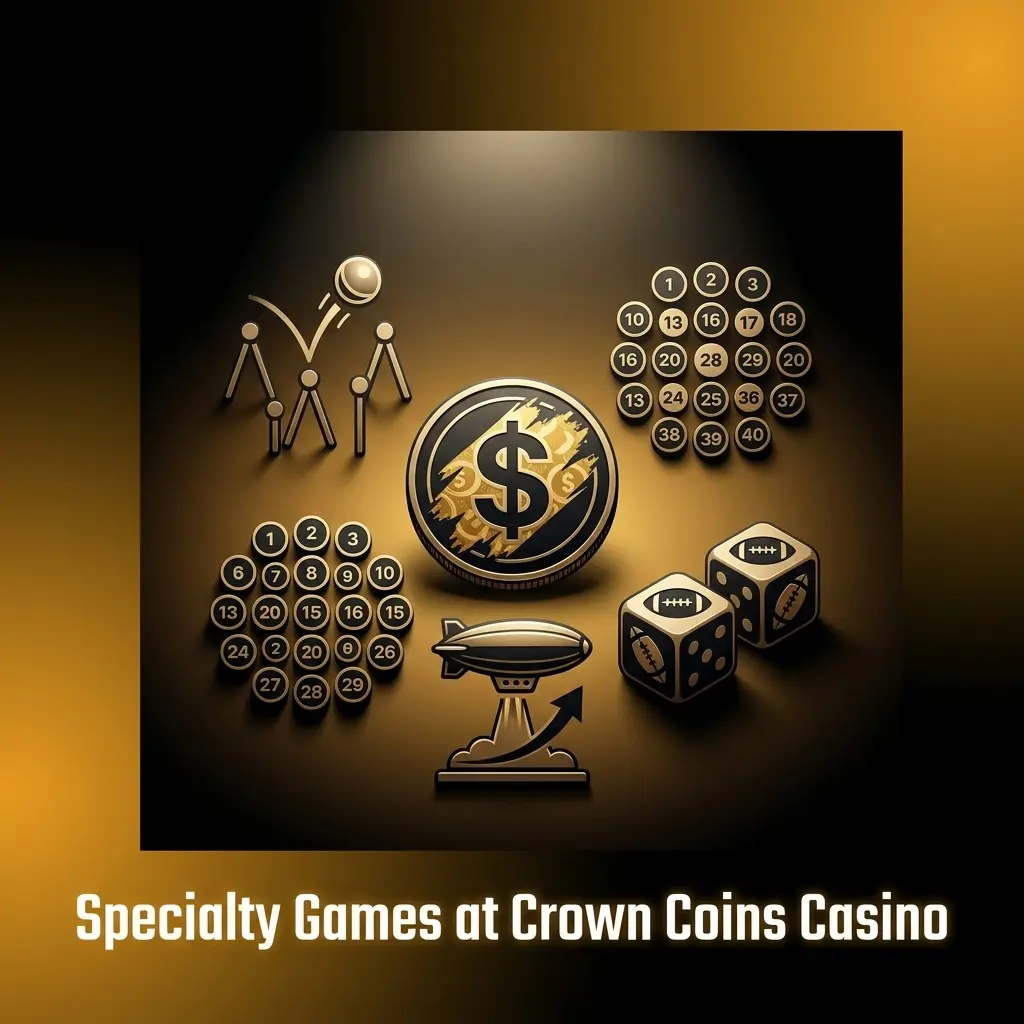 Specialty games lobby at Crown Coins Casino featuring bingo, keno, scratch cards, and instant-win titles for US players