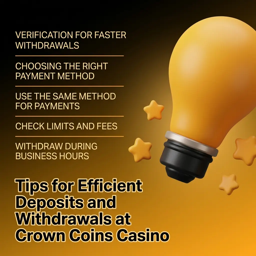 Tips for faster deposits and withdrawals at Crown Coins Casino including verification, payment methods, and processing times